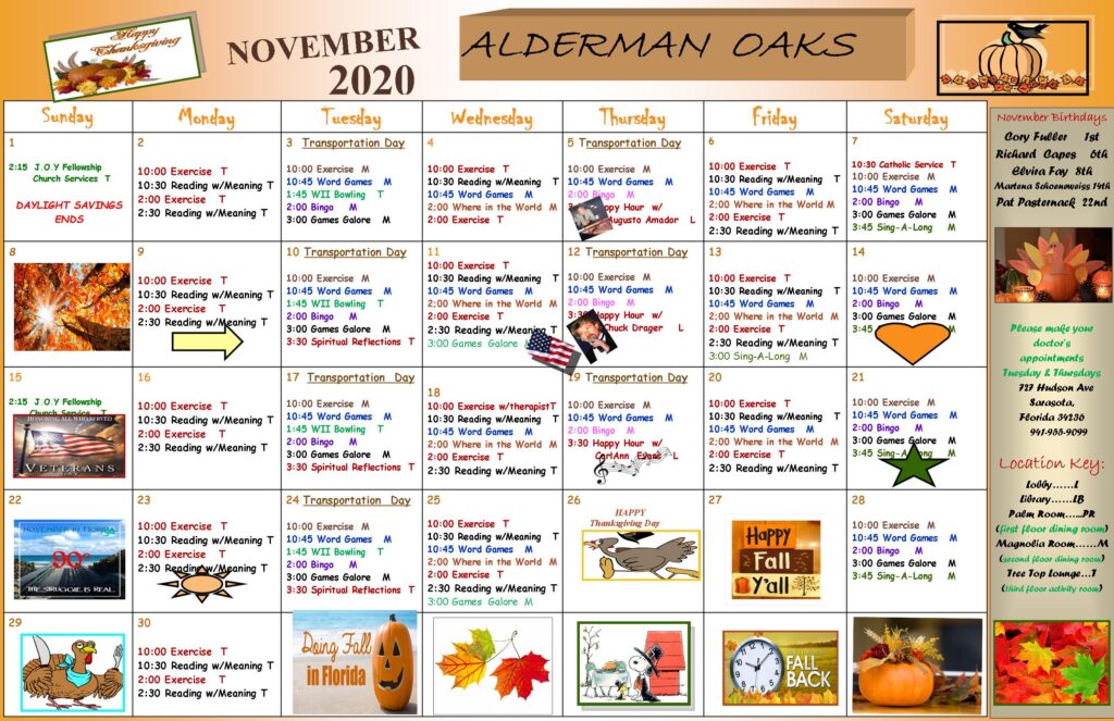 Activities Calendar Alderman Oaks